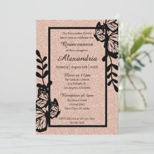 Invitation Quinceanera rose, papillon noir et or