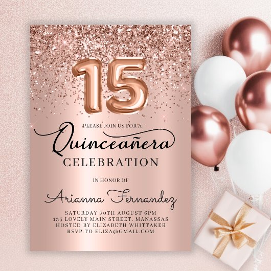 Invitation Quinceañera Rose Parties scintillant or 15e annive