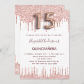 Invitation Quinceanera rose parties scintillant or gouttes ro (Devant / Derrière)
