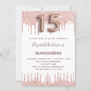 Invitation Quinceanera rose parties scintillant or gouttes ro