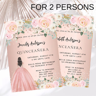 Invitation Quinceanera rose robe or floral 2 filles luxe