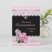 Invitation Quinceanera Rose Rose Blanche Foncé Talons Hauts 3 (Debout devant)