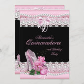 Invitation Quinceanera Rose Rose Blanche Foncé Talons Hauts 3 (Devant / Derrière)