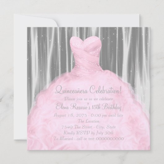 Invitation Quinceañera rose rose pâle (Devant)