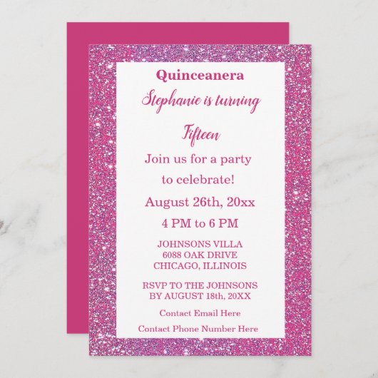 Invitation Quinceanera Rose Rose Parties scintillant or 15e a (Devant / Derrière)