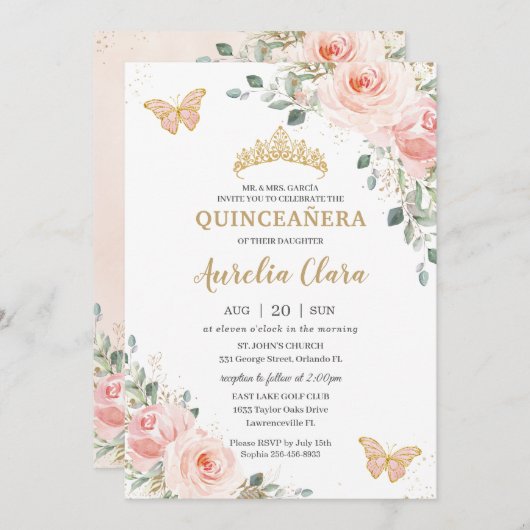 Invitation Quinceañera rose rose rose rose pâle couronne papi (Devant / Derrière)