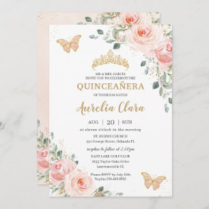 Invitation Quinceañera rose rose rose rose pâle couronne papi
