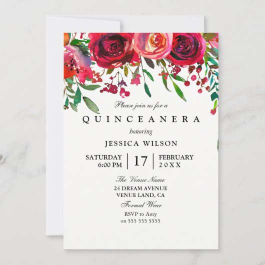 Invitation Quinceanera Rose & Rose Rouge (Devant)