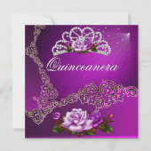 Invitation Quinceanera Rose rose violet en argent 15e (Devant)