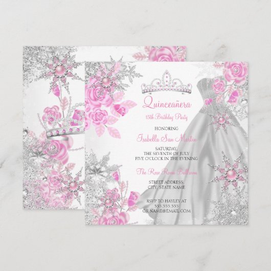 Invitation Quinceanera Rose Rose Winter Wonderland Snowflake (Devant / Derrière)