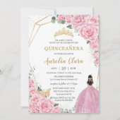 Invitation Quinceañera Rose Roses Floral Gold Princesse Couro (Devant)