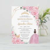 Invitation Quinceañera Rose Roses Floral Gold Princesse Couro (Debout devant)