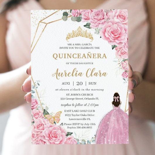 Invitation Quinceañera Rose Roses Floral Gold Princesse Couro