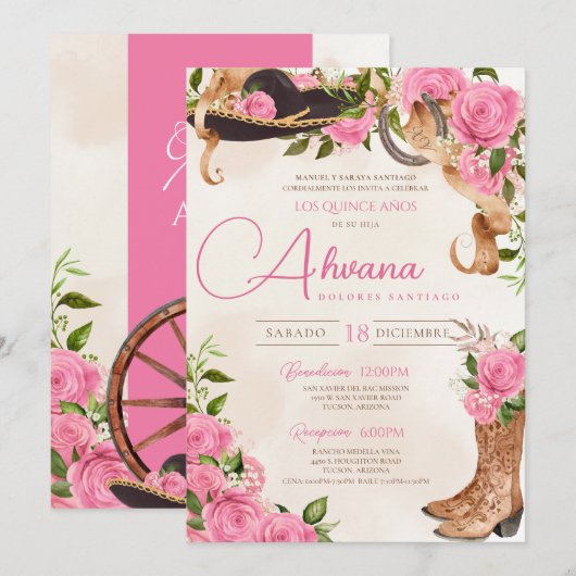 Invitation Quinceanera rose Roses Vintage Charro Ouest (Devant / Derrière)