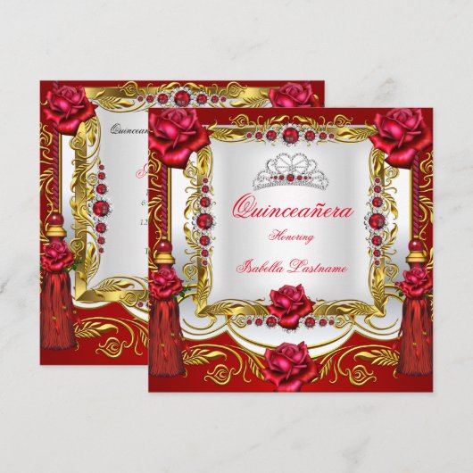 Invitation Quinceanera Rose Rouge or rouge Tassels Tiara (Devant / Derrière)