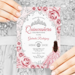 Invitation Quinceanera Rose Silver Floral