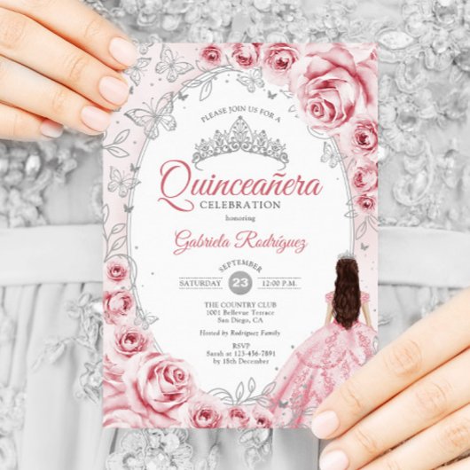 Invitation Quinceanera Rose Silver Floral