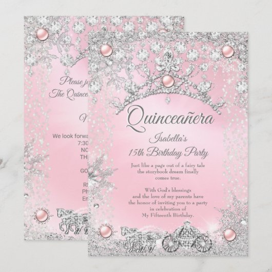 Invitation Quinceanera rose Tiara 15e Carriage d'hiver (Devant / Derrière)
