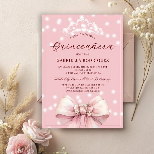 Invitation Quinceanera rose tiara élégant 15e anniversaire