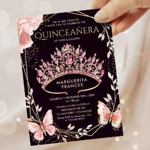 Invitation Quinceañera Rose Tiara Floral Butterfly Élégant