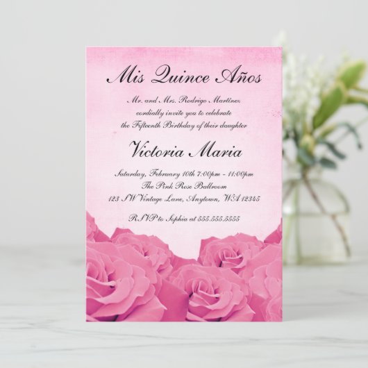 Invitation Quinceanera rose vintage fête d'anniversaire (Debout devant)