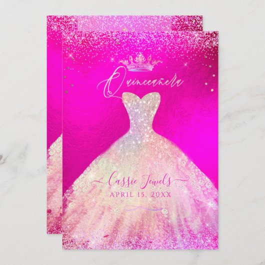 Invitation Quinceanera Rosée Chaude+Robe princesse Étincelant (Devant / Derrière)