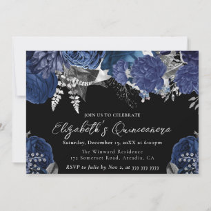 Invitation Quinceanera Roses Argent et Navy Aquarelle