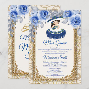Invitation Quinceañera Roses Bleu Marine et Or