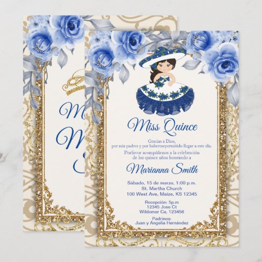 Invitation Quinceañera Roses Bleu Nuit et Or (Devant / Derrière)