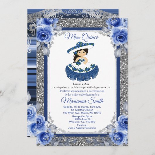 Invitation Quinceañera roses bleu royal (Devant / Derrière)