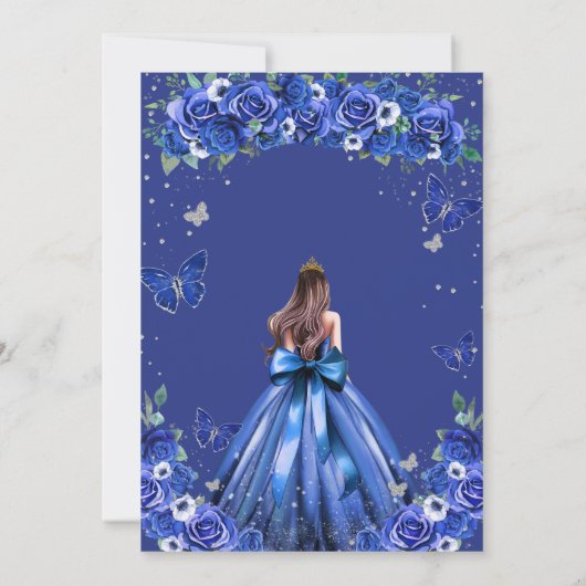 Invitation Quinceañera Roses Bleues Fleurs Princesse Papillon (Dos)