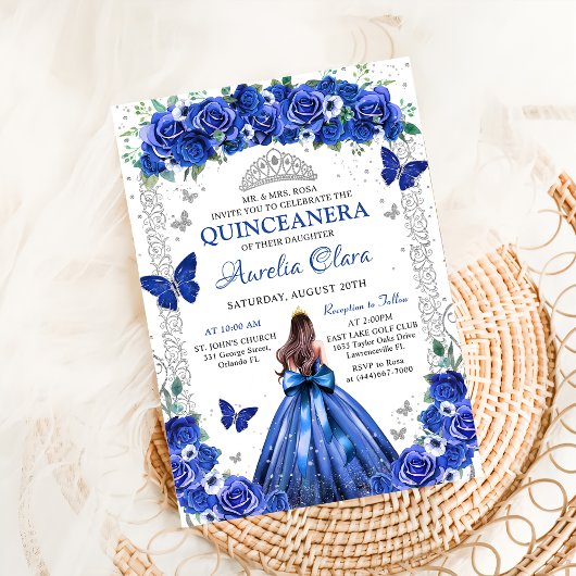 Invitation Quinceañera Roses Bleues Fleurs Princesse Papillon