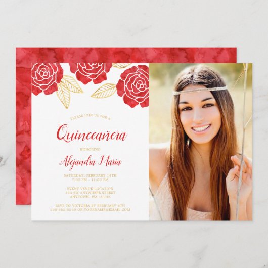 Invitation Quinceanera Roses d'or rouge moderne (Devant / Derrière)