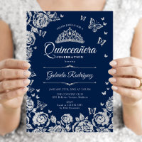 Quinceanera Roses Papillons Argent Bleu Marine