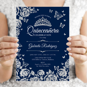 Invitation Quinceanera Roses Papillons Argent Bleu Marine