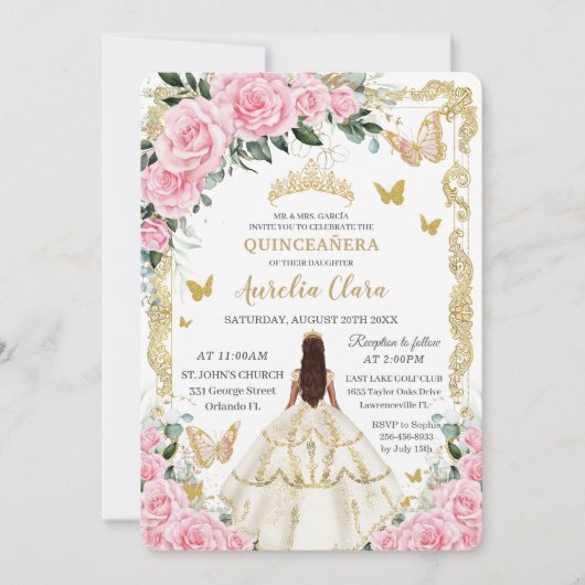 Invitation Quinceañera Roses roses rose Floral Rose blanche R (Devant)