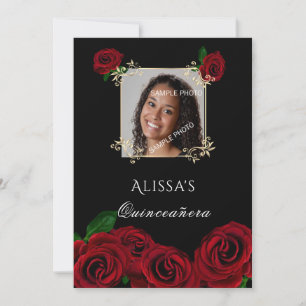 Invitation Quinceanera Roses rouges Cadre doré Quinceanera