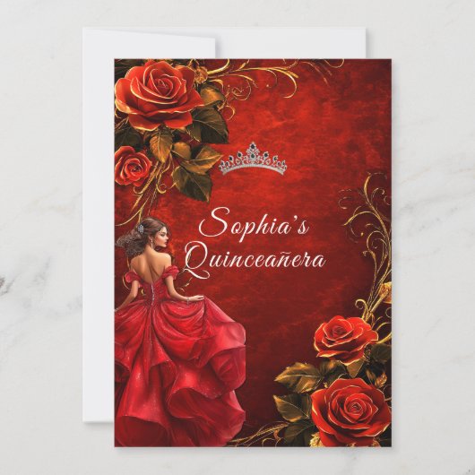 Invitation Quinceanera Roses rouges et couronne (Devant)