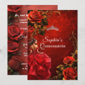 Invitation Quinceanera Roses rouges et couronne (Devant / Derrière)