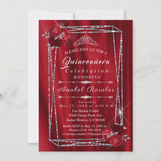 Invitation Quinceanera Roses rouges et Parties scintillant d' (Devant)