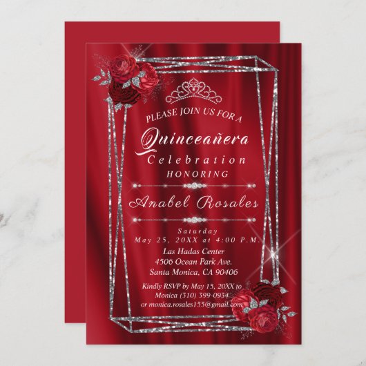 Invitation Quinceanera Roses rouges et Parties scintillant d' (Devant / Derrière)