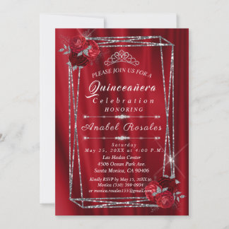 Invitation Quinceanera Roses rouges et Parties scintillant d'