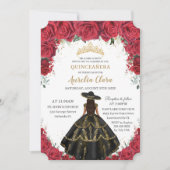Invitation Quinceañera Roses Rouges Fleurs Roses Noir Robe Ca (Devant)