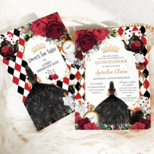 Invitation Quinceanera Roses Rouges Floral Alice au Pays des