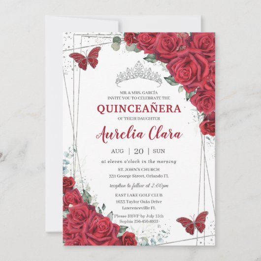 Invitation Quinceañera Roses rouges Floral Argent Princesse C (Devant)