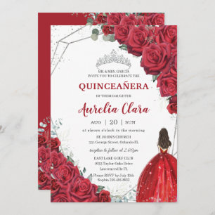 Invitation Quinceañera Roses rouges Floral Argent Princesse T