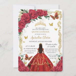 Invitation Quinceañera Roses rouges Floral Gold Princess 16e