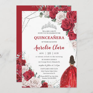 Invitation Quinceañera Roses rouges Floral Princesse Argent C