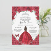 Invitation Quinceañera Roses rouges Floral Princesse Gown Arg (Debout devant)