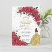 Invitation Quinceañera Roses rouges Floral Princesse Jaune Ro (Debout devant)